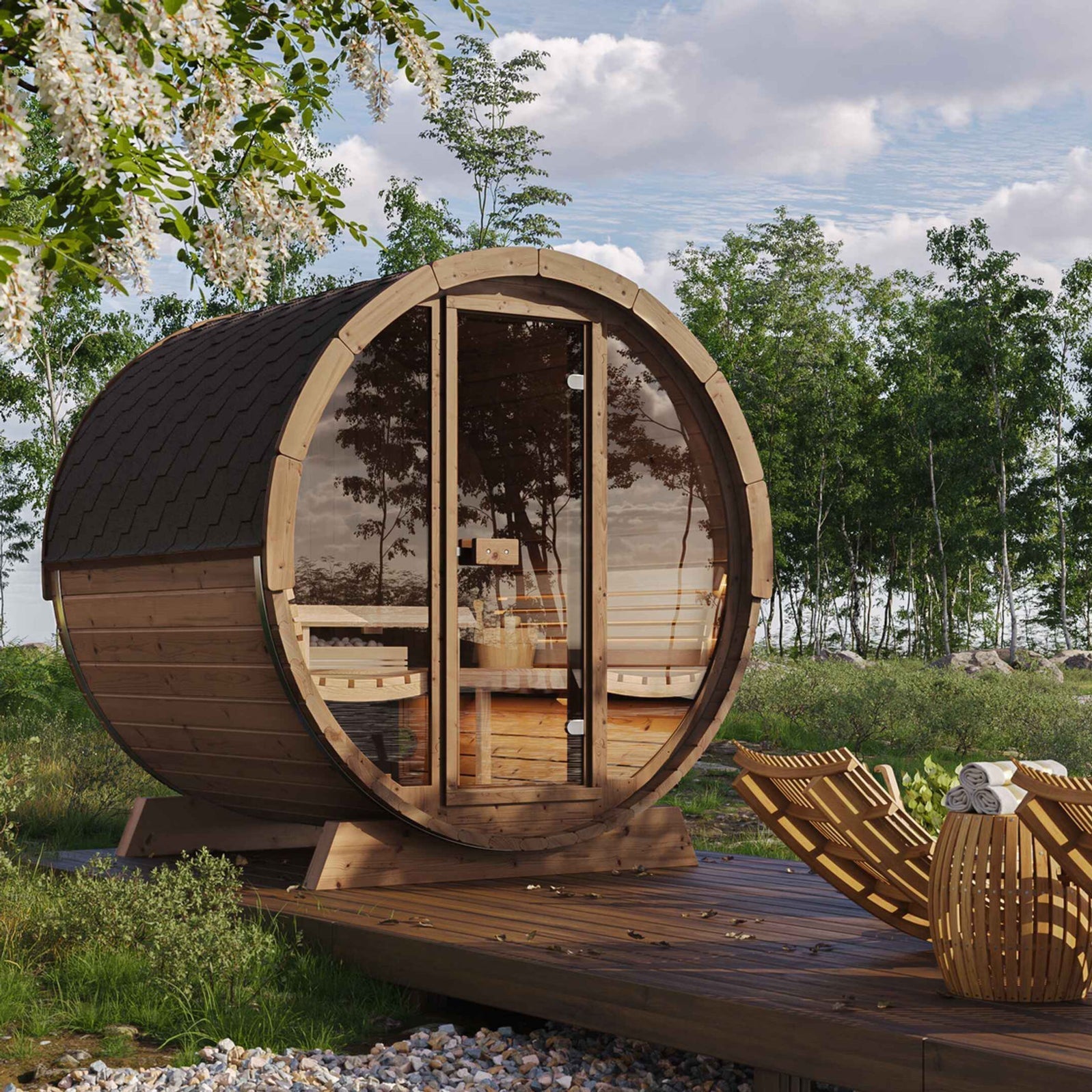SaunaLife Model E8G 6 Person Barrel Sauna w/ Glass Front